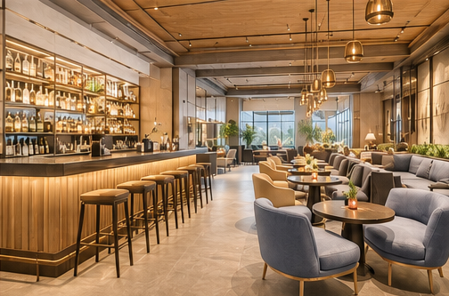 Hospitality Bar moderno con taburetes altos, mesas elegantes y una ambientación luminosa y acogedora.