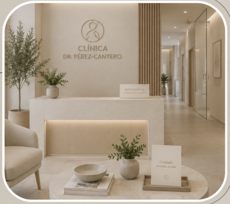 Clínica estética en Madrid Recepción de clínica estética en Madrid con mostrador iluminado, vegetación y acceso a salas de tratamiento.