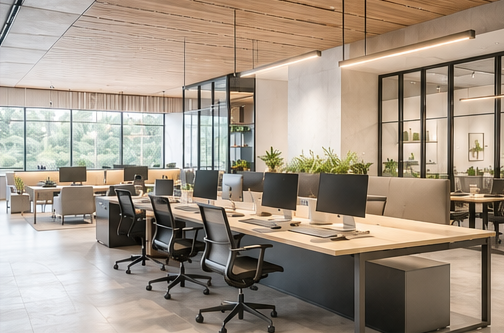 Oficinas premium Oficina moderna con escritorios, sillas, computadoras y plantas en un ambiente luminoso.