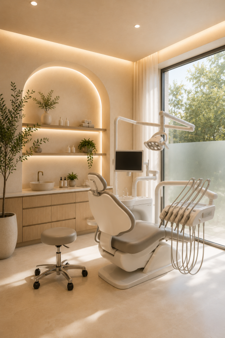 Gabinete de clínica dental en Málaga Gabinete de clínica dental en Málaga con sillón odontológico, iluminación cálida, mobiliario integrado y vistas al jardín.