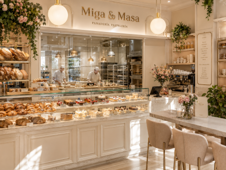 Panadería con pastelería y obrador visible Interior de panadería y pastelería en Madrid con vitrinas de producto y obrador artesanal visible tras una pared de cristal.