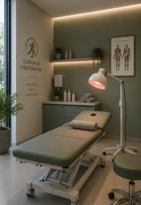 Sala de masajes en clínica de fisioterapia Sala de masajes en clínica de fisioterapia con camilla profesional, iluminación terapéutica y ambiente sereno.