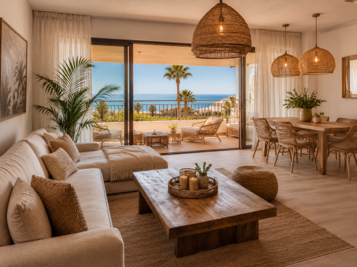 Vacacional playa Sala luminosa con sofá, mesa de madera y vista al mar con palmeras.