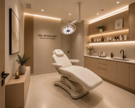 Sala de medicina estética en Madrid Sala de medicina estética en Madrid con camilla profesional, mobiliario integrado e iluminación cálida.
