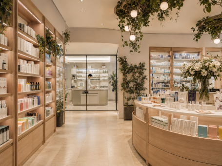 Interior de farmacia con laboratorio visible Interior de farmacia en Madrid con estanterías de dermocosmética, mobiliario de madera y laboratorio visible al fondo.