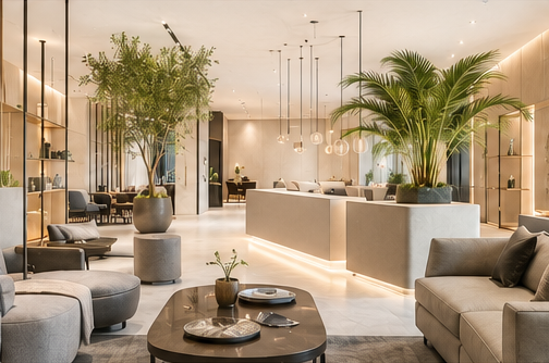 Hospitality Recepción moderna y elegante con plantas, sofás y mesa de café. Ambiente luminoso y acogedor.