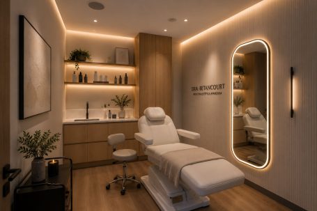 Sala de tratamientos estéticos en peluquería Sala de tratamientos estéticos en peluquería con camilla profesional, espejo iluminado, mobiliario integrado y luz ambiental.